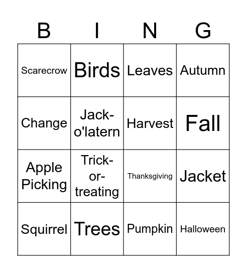 Fall Vocabulary Bingo Card