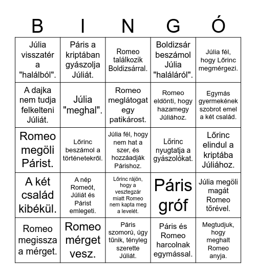 Romeo és Júlia Bingo Card