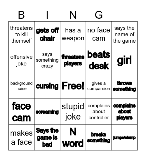 Video Game Rage Comp Bingo Card