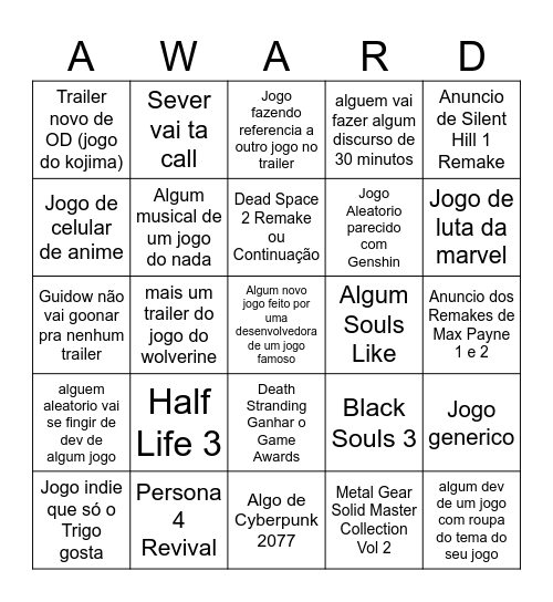 Bingo do Game Awards Bingo Card