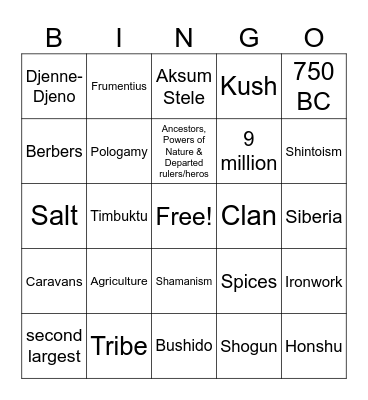 World History Africa, Japan & Korea Bingo Card