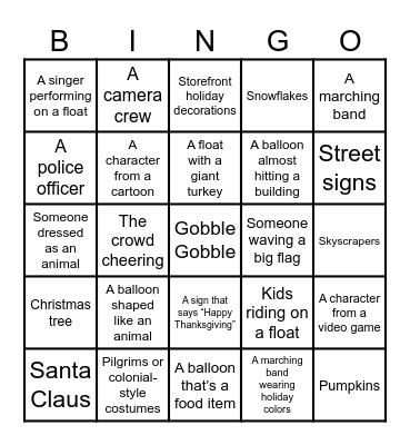 Macy's Thanksgiving Day Parade Bingo Card