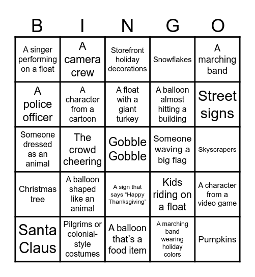 Macy's Thanksgiving Day Parade Bingo Card