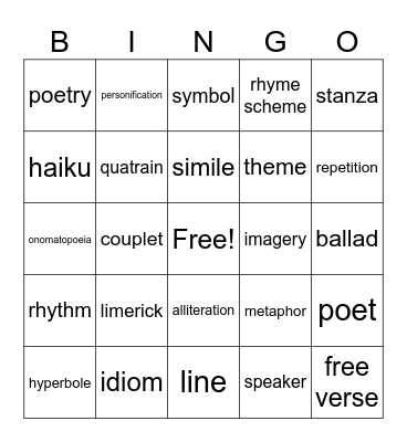 Figurative Language and Poetry Bingo Card