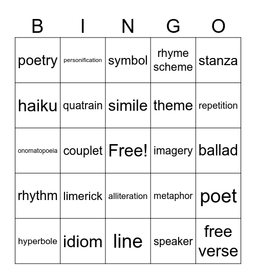Figurative Language and Poetry Bingo Card