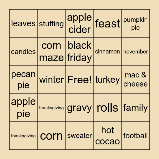 Thanksgiving Bingo Card
