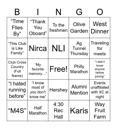Cross Country Banquet 2025 Bingo Card