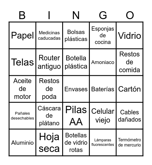Bingo Virtual de Residuos Bingo Card