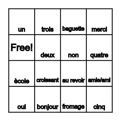 let's learn French! Bingo Card