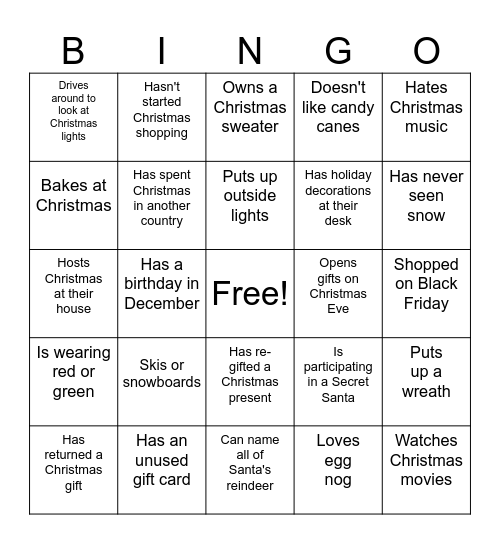 Christmas Bingo Mingle Bingo Card