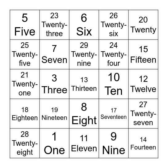 NUMBERS FROM 1 TO 30 Bingo Card