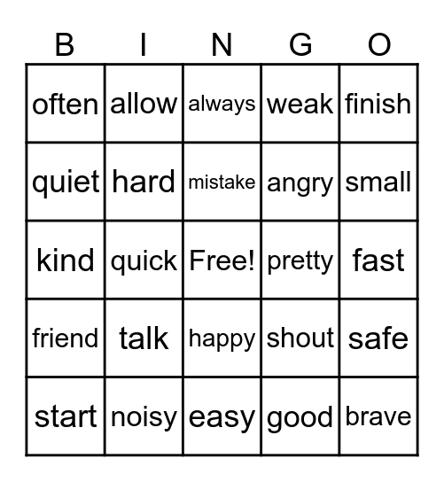 Synonym/Antonym Bingo Card