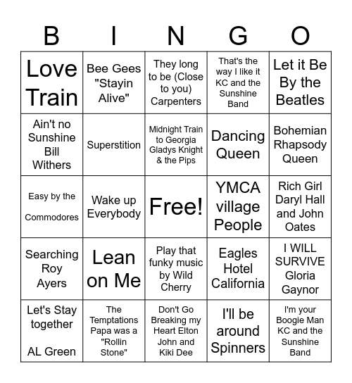 1970's Music Bingo Card
