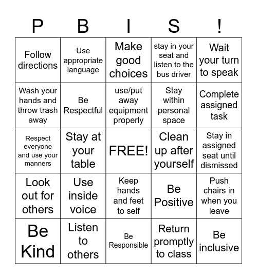 PBIS Classroom Matrix Bingo Card