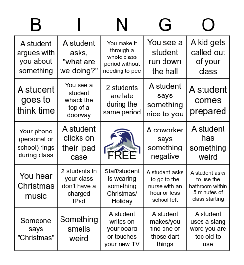 Middle School Bingo Card