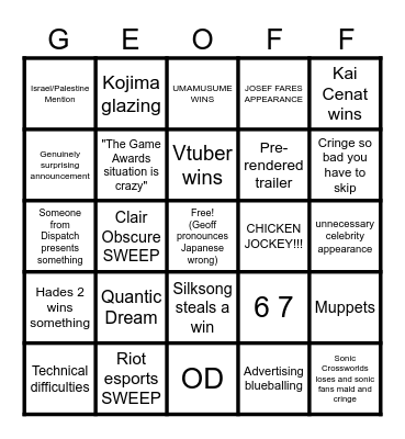 GAME AWARDS 2025 Bingo Card
