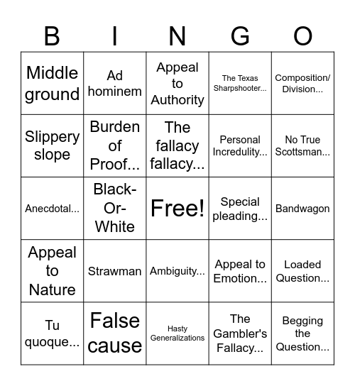 Twitter Logical Falalcy Bingo Card