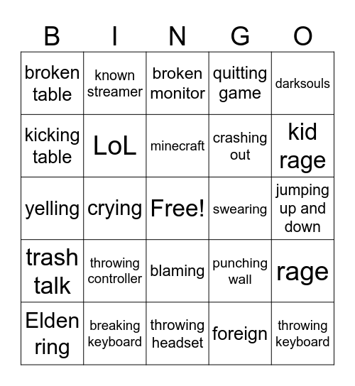 gamer rage Bingo Card