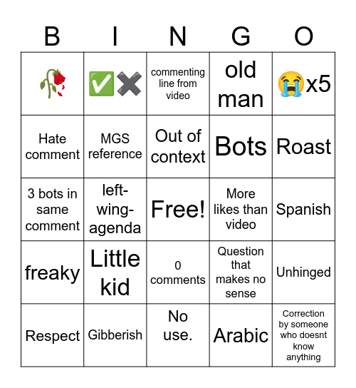 YT shorts bingo Card