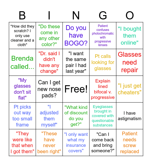 OPTICIAN BINGO Card