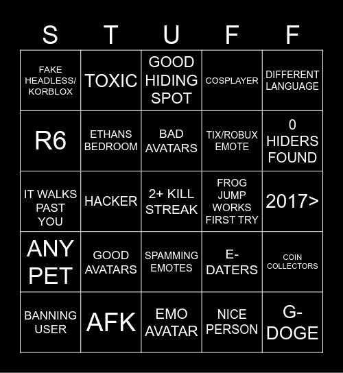 HIDE AND SEEK EXTREME BINGO Card