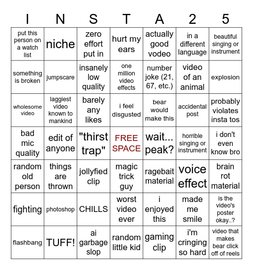 instagram reels bingo 2025 Bingo Card