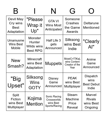 Game Awards 2025 Bingo Card