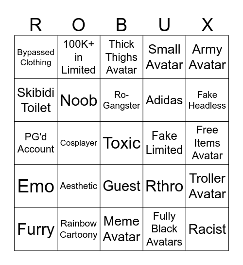 Roblox Player Bingo Card