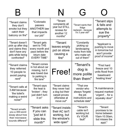 Property Management Bingo Card