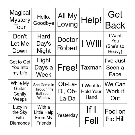 The Beatles Bingo Card