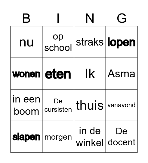 Tijd/plaats/werkwoord Bingo Card