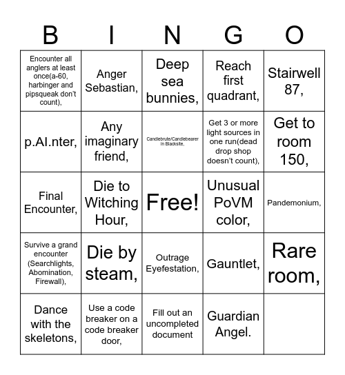 pressure Bingo Card