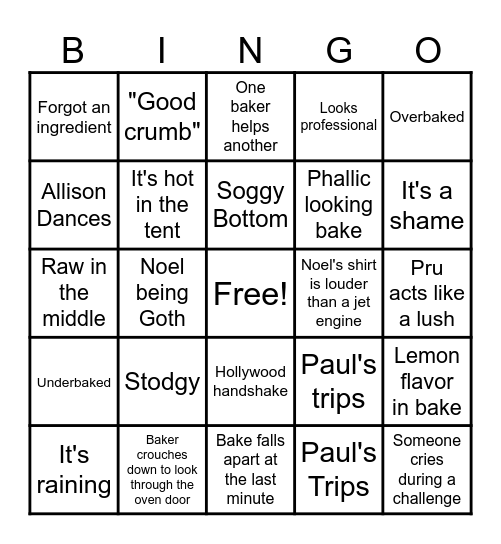 Great British Bake-Off Bingo Card