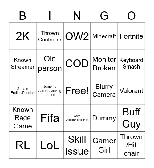 Gamer Rage Bingo Card
