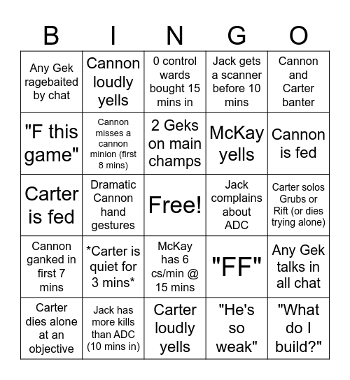 Studio Gek LoL Bingo Card