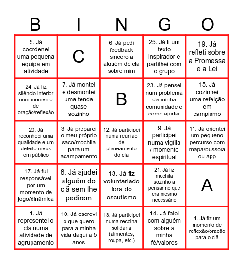 Bingo Escutista Bingo Card
