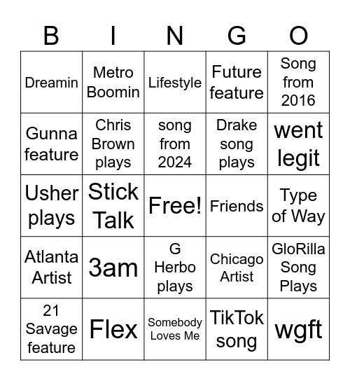 Trap R&B Bingo Card