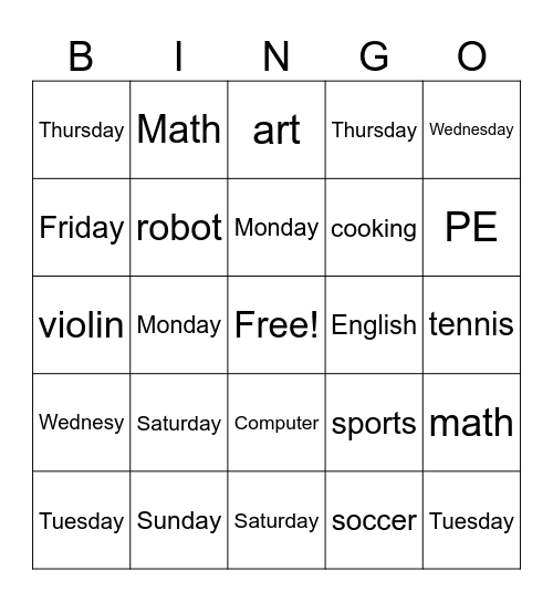Grade 4 Bingo Card