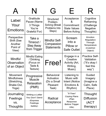 Anger Coping Skills Bingo Card