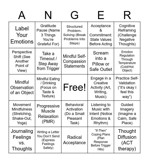 Anger Coping Skills Bingo Card