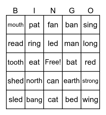 Word Family Bingo Card
