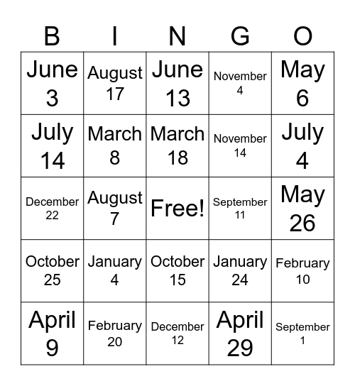 Months Bingo Card