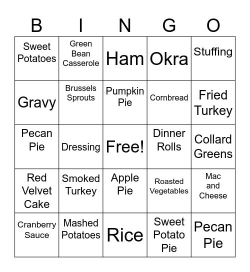 Thanksgiving Food Favorites Bingo Card