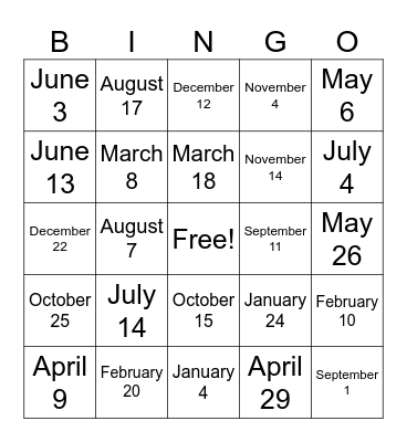 Months Bingo Card