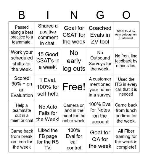 Weekly ROCKSTAR Bingo Card