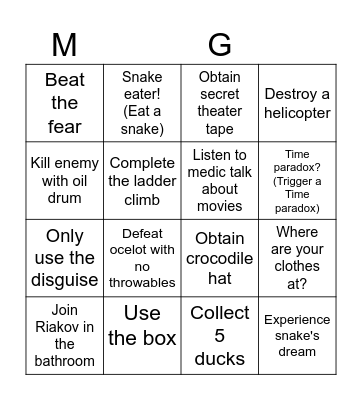 Metal gear solid 3 Delta Bingo Card
