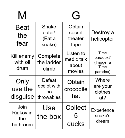 Metal gear solid 3 Delta Bingo Card