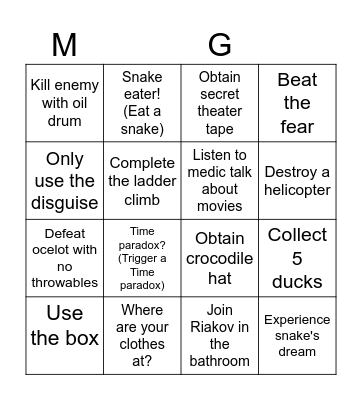 Metal gear solid 3 Delta Bingo Card