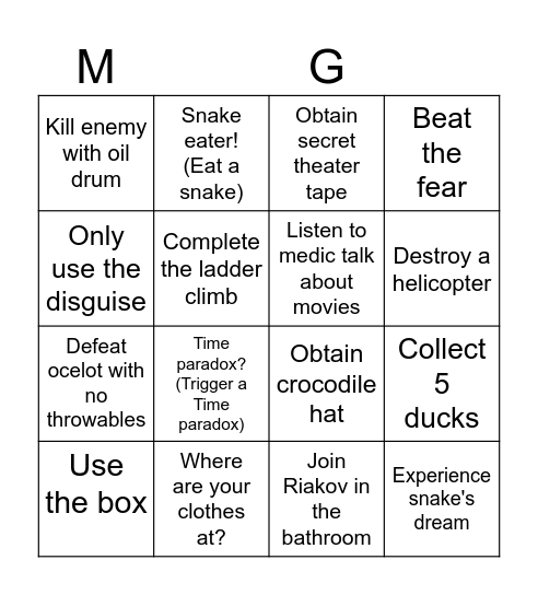 Metal gear solid 3 Delta Bingo Card