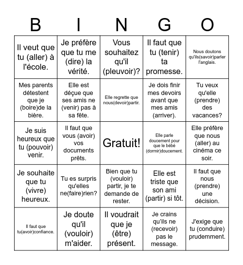 Bingo du subjonctif Bingo Card